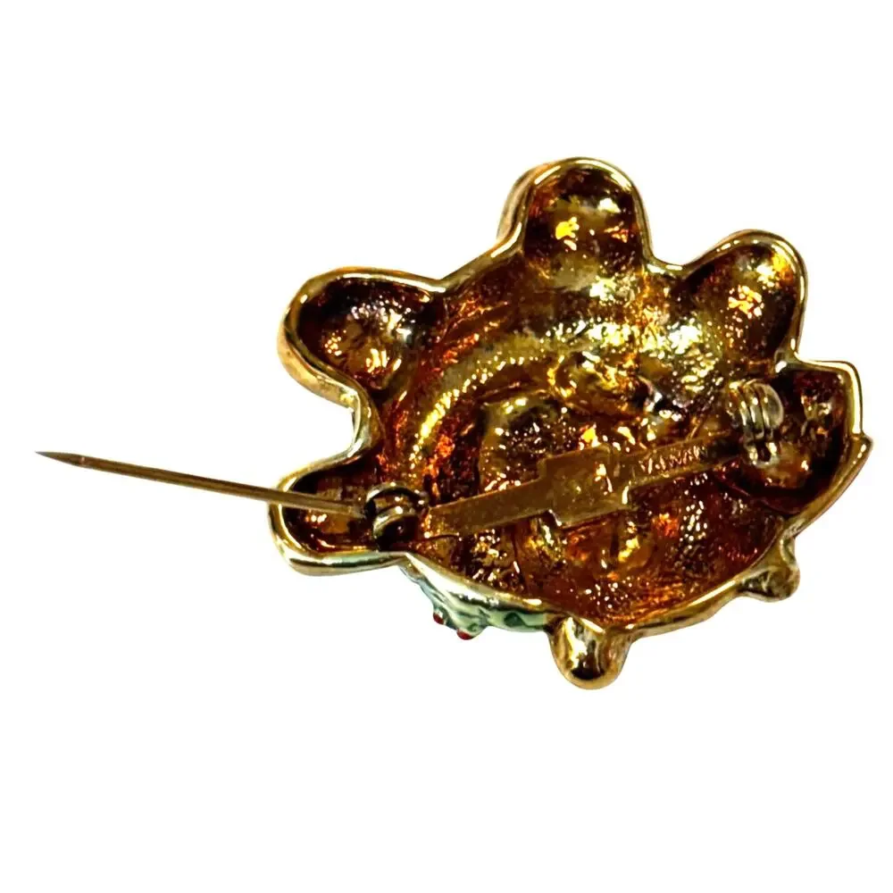 Vintage 1980's Christmas Teddy Bear Brooch goldtone in red & green enamel finish